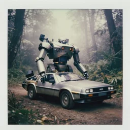 oversized robocar delorean robot mech, fog, in deep vaporwave jungle forest jungle, overcast! cinematic focus, old damagaed polaroid photo, vintage, neutral colors, faded!! very soft lights, big overcast, very foggy, full shot by steve hanks, by serov valentin, by lisa yuskavage, by andrei tarkovsky