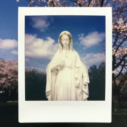 vintage polaroid of white mother mary statue, pictured close and slightly from below, sky with clouds and a cherry tree in background