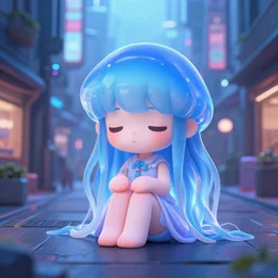 jellyfish fairy princess in the streets of japan, chibi cute anime scenery, sci - fi futuristic utopia scene | a concept of melancholic euphoric heartshine in the crush of oblivion. the vibrancy of nouveau is gilded with hollow - wishes. trending on artstation. vivid neon ink painting.