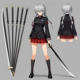 advanced digital anime character design sheet, Girl with long braided silver hair and spectacle glasses wearing a black high school outfit and red skirt holding 5 feet scythe Sakimimichan WLOP Artgerm