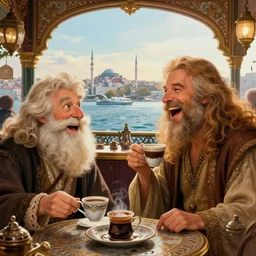 close up illustration of elrond and tom bombadil having a cup of turkish coffee in a coffee house overlooking stunning view of the bosphorus strait in istanbul, cinecolor, ethereal, laughing and having fun, hypermaximalist, elegant, ornate, fantasy art, by alan lee, by tolkien, by dan hennah, by peter jackson