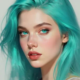 beautiful female face, turqoise hair, by jeremy mann, by greg rutkowski, by noah bradley, digital painting