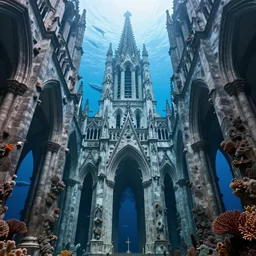 inside of a colossal gothic cathedral under the sea, perspective view, super tall spires, enormous arches, structure cover in coral reefs, whales swimming around in the background, low angle shot, photorealistic