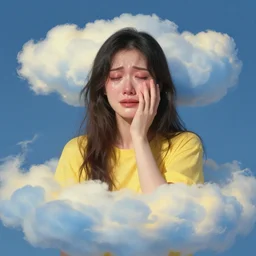 crying women!!!!, dressed in yellow and blue clouds, disarming, enchanting, fragile, hopeful, cloudcore, portrait, by kim keever