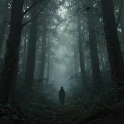 saci perere, folklore, digital art in the style of kazuha fukami, dark forest, fog, distant eerie silhouette