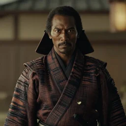 a film still of a black man starring in a japanese blockbuster film as an evil samurai, shallow depth of field, cinematic, award winning cgi, vfx, film still