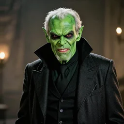 A studio photo of the supervillain Green Goblin as an old man, 70 years old, bokeh, 90mm, f/1.4
