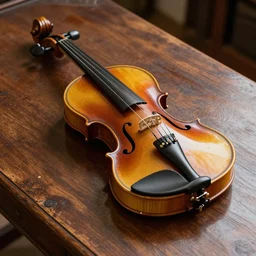 a violin on an ancient wood table, 3/4 view, beautifull reflexions, detailed, photorealistic, octane render