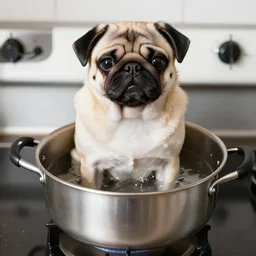 An adorable pug sitting in a pot of water atop a stove, high resolution photograph