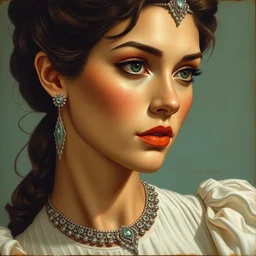 clothed in blouse, tiara, necklace, earrings. close - up face portrait painting of 7 0 s sci - fi princess, by boris vallejo.