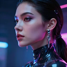 a highly detailed long shot photo of sensual female face portrait, futurism, cyber neon lighting, detailed futuristic jewelry, futuristic glossy latex suit, profile posing, hyper photorealistic, crispy quality, digital photography, trending in pinterest, cinematic, 4 k ultra hd, art by pascal blanche, art by greg rutkowski, art by artgerm,