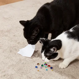 one black cat and one black and white cat eating paper. There is cat sick on the floor with gems in it on the rug.