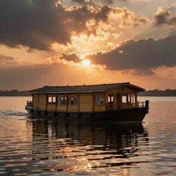 a photo of a house boat on the water, sunset