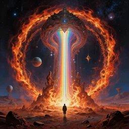 enormous forgotten ❤️‍🔥✨ portal into ancient DMT 🏳️‍🌈  hyperspace created by primordial demiurge 👿  flickers ✨  omniously on a barren hellish exoplanet, philosophical concept illustrated by James Gurney and Zdzislaw Beksinski and Dariusz Zawadski, dramatic lighting, menacing, harsh and meticulously detailed aesthetics, ultra HD, HDR, 8k