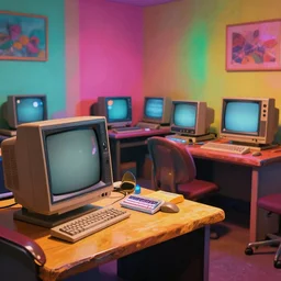 1 7 0 s retro computer room, nostalgic, computer, television, colorful