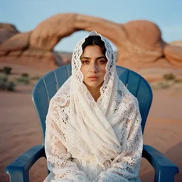 a color photograph, closeup portrait of a woman wrapped in lace, sitting in a plastic throne, in arches mountains national park in utah, color photograph, by vincent desiderio, canon eos c 3 0 0, ƒ 1. 8, 3 5 mm, 8 k, medium - format print