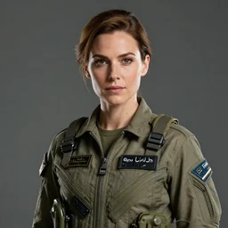 epic professional digital portrait art of woman wearing airforce jumpsuit, upper torso, facing front, by amy reeder, artstation, cgsociety, wlop, epic, much wow, much detail, gorgeous, detailed, cinematic, masterpiece