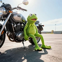 slimy kermit the frog leaning against a motorcycle. bright sky. shiny pavement. gq magazine photograph.