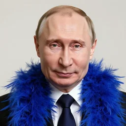 putin, studio portrait, feather boa, earrings, joyful, eyeshadow, soft lighting, realistic