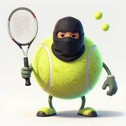 a tennis ball monster with a tennis racquet, ski mask, balaclava, face covered smooth, intricate, elegant, power aura, digital painting, artstation, concept art, sharp focus, illustration, art by basil gogos - h 6 4 0