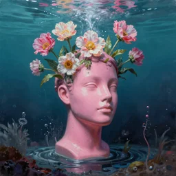 award winning masterpiece with incredible details, a surreal melting vaporwave vaporwave vaporwave vaporwave vaporwave painting by Thomas Cole of an old pink mannequin head with flowers growing out, sinking underwater, highly detailed, reality is an illusion