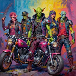 a scifi post apocalyptic orc biker gang, psychedelic vibrant colors, futuristic punk rock fashion, oil painting by michael whelan art, sharp focus, realistic, highly detailed, 8 k
