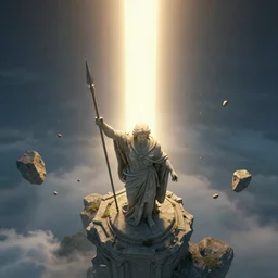 a stone statue wielding a spear. from above is a large beacon of light. lots of small floating rocks, surrounding the light