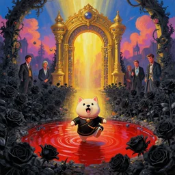 wide angle dynamic portrait of a chibbi dogon priest in a black rose garden with a red pond and a golden ornate steampunk portal, by mark ryden and todd schorr and mark davis and thomas kinkade in a surreal lowbrow style, digital paint, matte paint, radiant light, vivid synthwave colors, breathtaking landsape