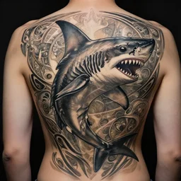 back tattoo tribal shark, deep focus, d & d, fantasy, intricate, elegant, highly detailed, digital painting, artstation, concept art, matte, sharp focus, illustration, hearthstone, art by artgerm and greg rutkowski and alphonse mucha
