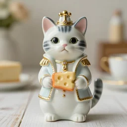 high quality presentation photo of a a detailed porcelain figurine of a cute cat dressed as Napoleon holding a piece of chesse, photography 4k, f1.8 anamorphic, bokeh, 4k, Canon, Nikon