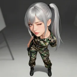 girl, silver hair (ponytail), (((winking))), multicam (camo), (trending on artstation), beautiful asian face, cinematic full body shot, ilustration by Takehiko Inoue (((and Yoann Lossel)))
