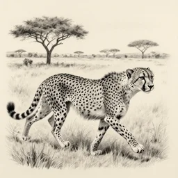 A graphite pencil drawing of a full cheetah running with hand drawn savanna background