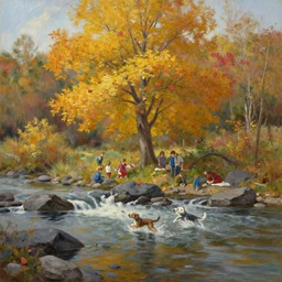 A beautiful oil painting of a single tree, the tree is in the rule of thirds, a family is under the tree having a picnic, the kids are playing in the river and the dog is running through the river splashing the water, the fall has arrived and the leafs started to become golden and red, the river is flowing its way, the river has lots of dark grey rocks, oil painting by Greg Rutkowski