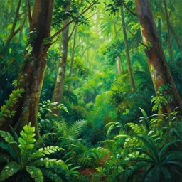 rainforest scene, jelly green artist, vibrant green, hyperrealistic detailed acrylic paint, borneo