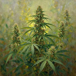 oil painting by anders zorn, nature, bush, marijuana flowers, cannabis leaves with backlight