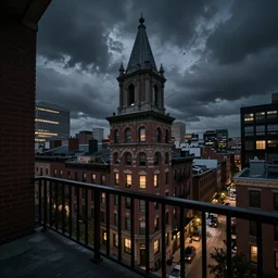 full color ultra realistic photo of a balcony view of 1 9 2 5 boston downtown with a broken and distorted sky, dark, brooding, night, atmospheric, ultra - realistic, smooth, highly detailed
