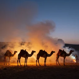 smoke fires around the camels at night, dawn,