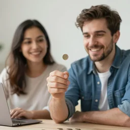photograph of man tossing a penny, wife in background, DSLR Photograph