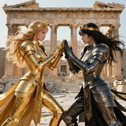 portraits fo one golden knight of zodiac girl, one metallic black knight of zodiac girl kung fu fighting each other at ruined Agora of Athens sunrise, ssci-fi, fantasy and human anatomy, intricate and very very beautiful and elegant, highly detailed and hyperrealistic digital painting, artstation, concept art, smooth and sharp focus, illustration, art by tian zi and WLOP and alphonse mucha
