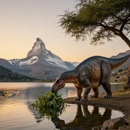 calm lake, therizinosaurus eating leaves from an acacia tree, wildlife documentary, sunset, matterhorn in the background