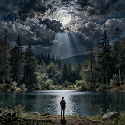 wanderer at a lake, forest, dark clouds, moon, nightsky, moonrays, shadows, high detail, gorgeous view, depth, illustration by Gustav Doré