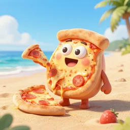an pizza creature enjoying the beach, 3 d render