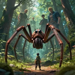 A small character standing before a giant spider in the forest by Greg Rutkowski, Sung Choi, Mitchell Mohrhauser, Maciej Kuciara, Johnson Ting, Maxim Verehin, Peter Konig, final fantasy , 8k photorealistic, cinematic lighting, HD, high details, atmospheric,