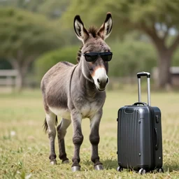 donkey wearing sunglasses standing next to a travel suitcase, photorealistic, 8k resolution, long shot