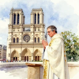 watercolor painting, notre dame de paris, priest celebrating mass, by alvaro castagnet