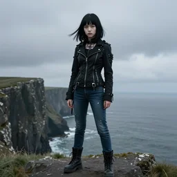 1 7 - year - old pale - skinned persian girl with black long bob cut, black gothic jacket, blue jeans, psychic girl, psychokinetic girl, standing on cliff along the irish coast, overcast gray skies, ultra - realistic, sharp details, subsurface scattering, intricate details, cold lighting, highly detailed, photorealistic, octane render, art by artgerm