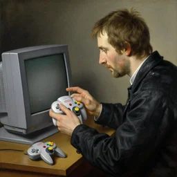 Portrait of a man playing Nintendo 64 on a CRT. Painting by Albrecht Dürer. Intricate details. hyper realism. Masterpiece.