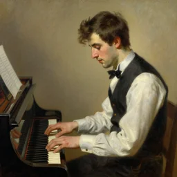 attractive man playing piano, painting by gaston bussiere, craig mullins, j. c. leyendecker, yoji shinkawa