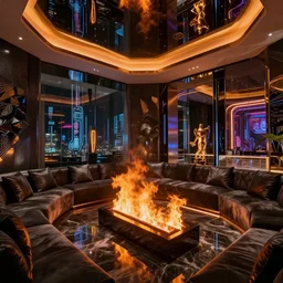 interior of fancy hotel with ligga, raging, modern cyber room with luxure, fire blast,