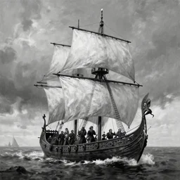 black and white digital painting of a viking ship sailing, masterpiece, by thomas blackshear, cinematic environment, by ilya kuvshinov, magali villeneuve, artgerm, jeremy lipkin, rob rey, christophe vacher